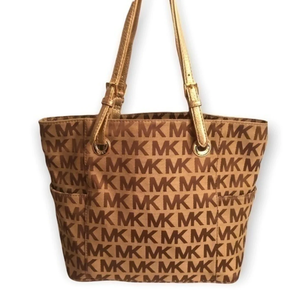 Michael kors signature brown khaki tote bag gold straps